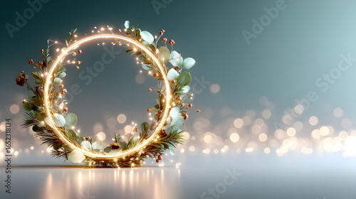 Circular floral wreath adorned with glowing lights and delicate foliage, creating a festive atmosphere with a soft bokeh background for seasonal decor. Selective focus
