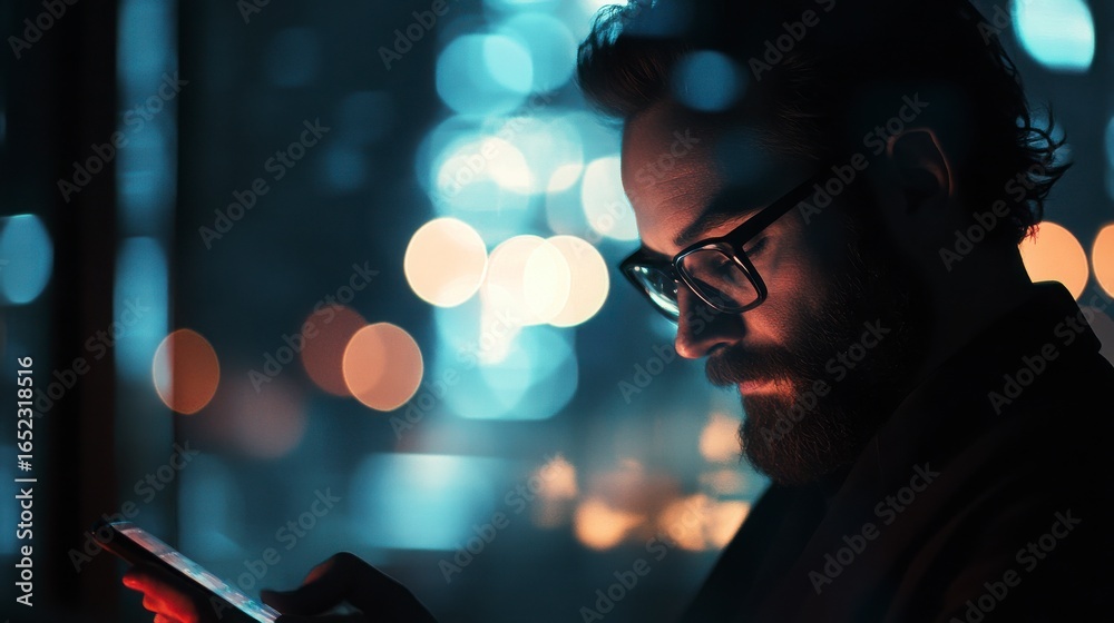 Fototapeta premium Focused Person Using Mobile Phone At Night With City Lights Bokeh