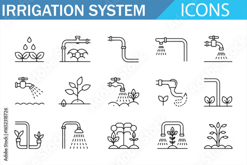 Essential Irrigation Icons: Sprinklers, Pipes, and Water Systems for Farming
