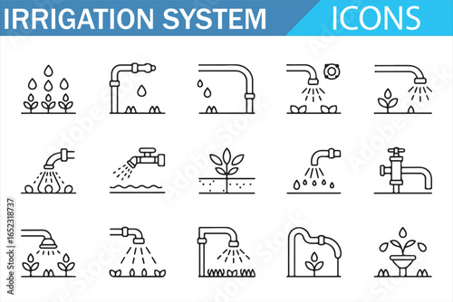 Irrigation System Icon Set: Pipes, Sprinklers, and Watering Systems