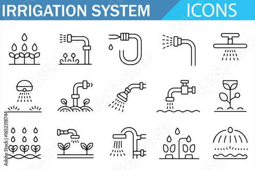 A Set of Irrigation System Icons: Sprinklers, Pipes, and Watering Mechanisms