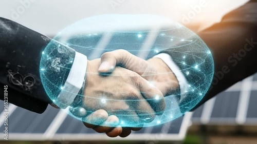 Business Partnership Concept with Handshake Symbolizing Trust and Collaboration on Solar Panels