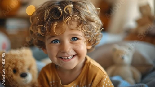 Happy Child with Curly Hair Smiling Among Soft Toys in Cozy Indoor Setting