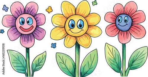 Three cheerful cartoon flowers with happy faces and green leaves on a white background