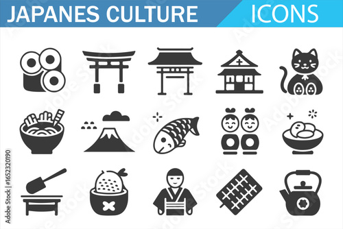 The Beauty of Japan: A Set of Icons Featuring Mount Fuji and Ramen