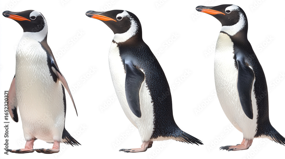 Fototapeta premium Three penguins displayed against white background