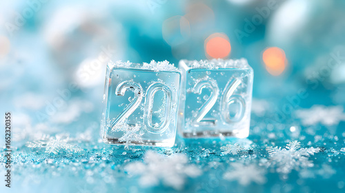 Ice cubes with numbers 2026 and 2026 on a sparkling blue background, symbolizing New Year celebrations and winter festivities with a festive atmosphere. Selective focus