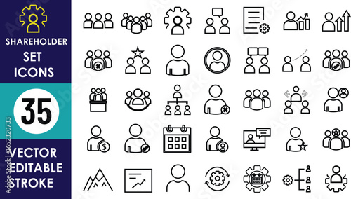 This image shows 35 shareholder set icons, including teamwork, meetings, user profiles, growth charts, group discussions, organizational structures, reports, strategy, collaboration
