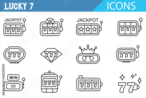 Icon Set of Lucky 7: Slot Machine, Winning Numbers, and Jackpot