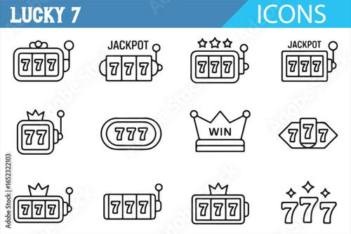 Casino and Gambling Icons: Lucky 7, Jackpot, Spin, and Win Symbols