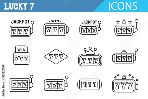 A Collection of Lucky 7 Icons: Gambling, Jackpot, and Casino Symbols