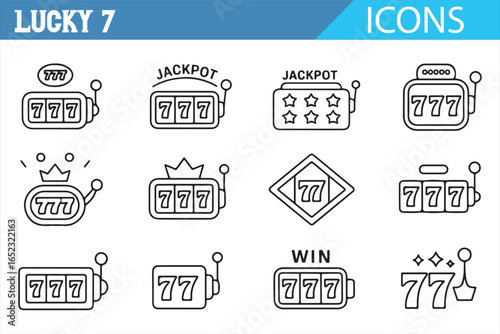 A Set of Lucky 7 Icons: Jackpot, Slot Machine, Winning, and Gambling Symbols