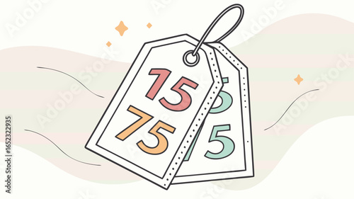 Two illustrated price tags with different numbers hanging in front of a light colored background art work