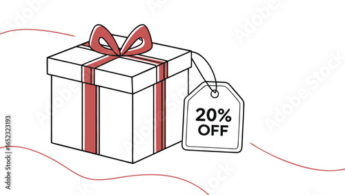 A white gift box with a red ribbon and bow along with a twenty percent off sale tag illustration