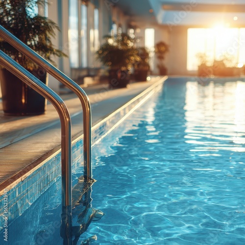 Eye-catching photo of serene indoor swimming pool with clear blue water, featuring metallic railing and warm glow from sunlight. tranquil atmosphere invites relaxation and fitness.