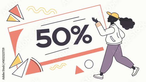 Illustration of a woman standing next to a fifty percent off sign with geometric shapes and wavy lines around


