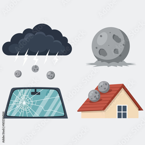 Illustration depicting hail damage: a cracked windshield, house roof, and large hailstone under a stormy cloud.