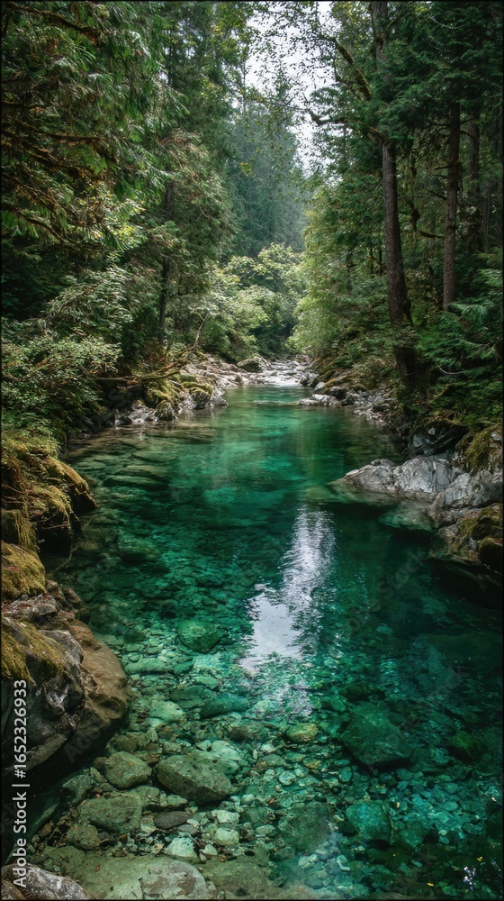 Fototapeta premium Emerald stream flows through lush forest