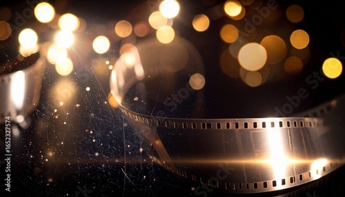 A cinematic film strip unspools against a magical backdrop of sparkling golden bokeh lights, perfect for a movie festival or awards night concept.