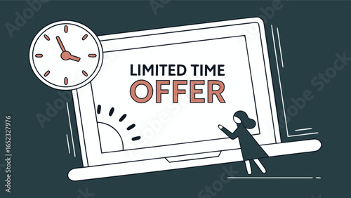 Laptop screen displaying limited time offer with a clock and a person standing near the screen on dark background