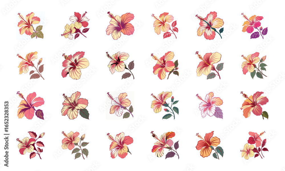 Fototapeta premium Set of 24 Beautiful Colorful Floral Illustrations Featuring Lavender, Lotus, Roses, Daisies, Gerbera, Hibiscus, Lilies, Peonies, Orchids, Cherry Blossoms, and Plumeria Flowers in Elegant Botanical Ar
