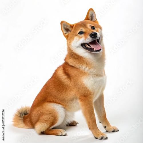 Shiba Inu Sitting and Smiling on White Background
