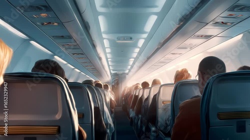 Passengers seated inside airplane cabin during flight
