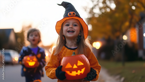 Little girl wearing halloween costume holding jack o lanthern pumkin