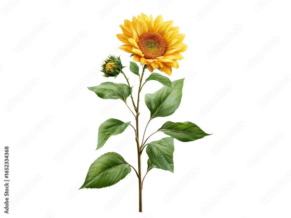 Obraz premium Single sunflower with bud isolated on black background, Isolated On White Background, Png Transparent