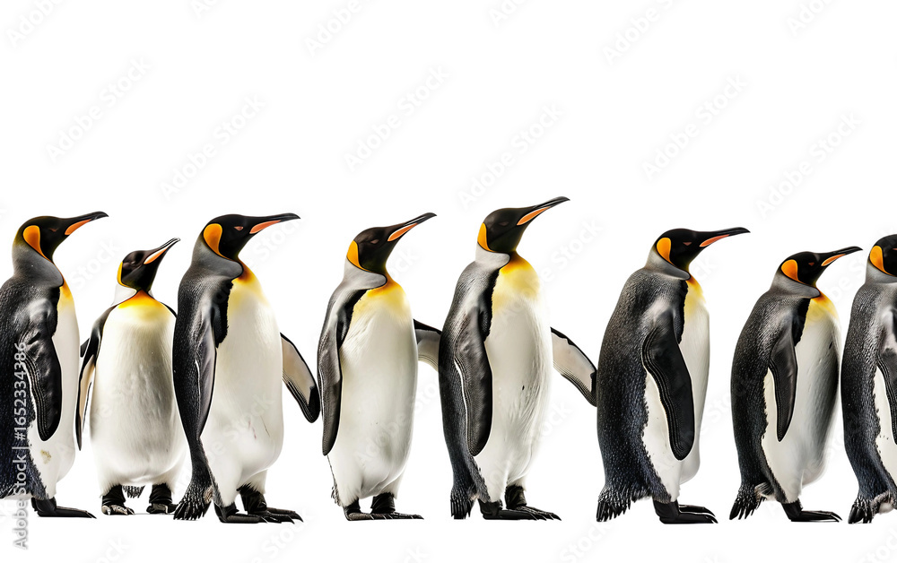 Fototapeta premium Antarctic Birds in Synchronized Movement penguins on white background