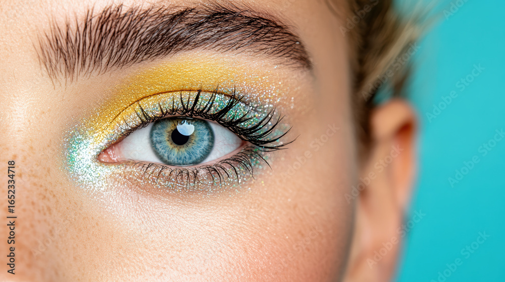Obraz premium Bright eye makeup with yellow and turquoise shades enhances beauty of blue eyes