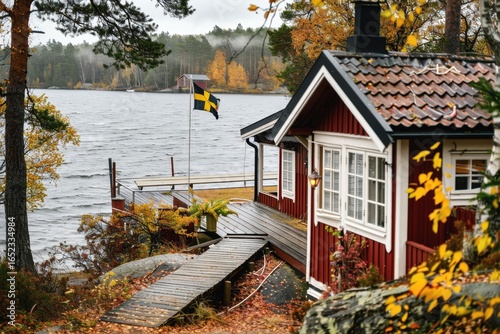 A quaint red cabin sits by a serene lake, surrounded by vibrant fall colors. Mist hovers over the water as a flag flutters, creating a tranquil atmosphere perfect for relaxation.