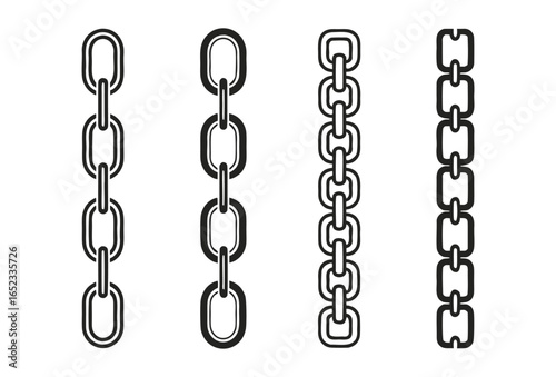 Four different styles of metal chain links shown vertically in a clean silhouette