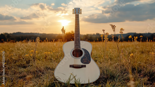 Fototapeta Naklejka Na Ścianę i Meble -  Guitar resting on grassy meadow under golden sunset sky evokes serene atmosphere