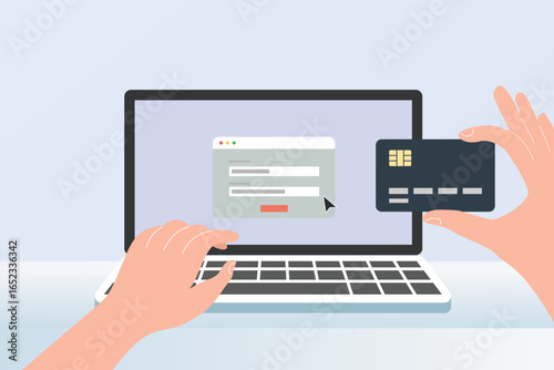 Online payment with laptop using credit card, flat design illustration