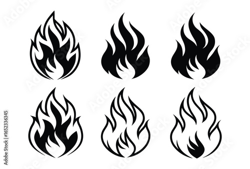 Six stylized black flame icons in a graphic silhouette design