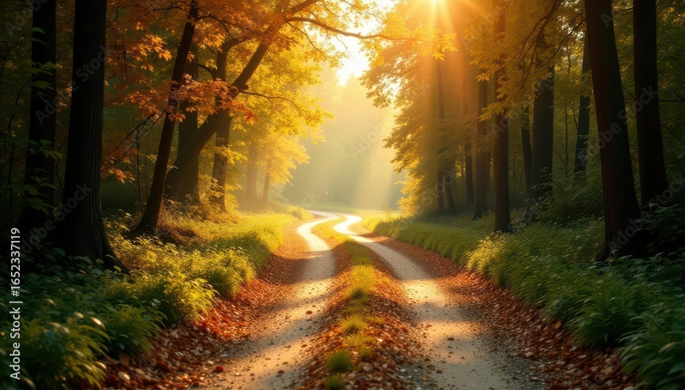Obraz premium Dusty road winding through sunlit woods, vibrant foliage , landscape photography, autumn