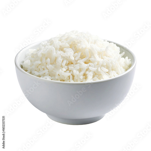 Close-up of boiled rice in white bowl on isolated transparent background.