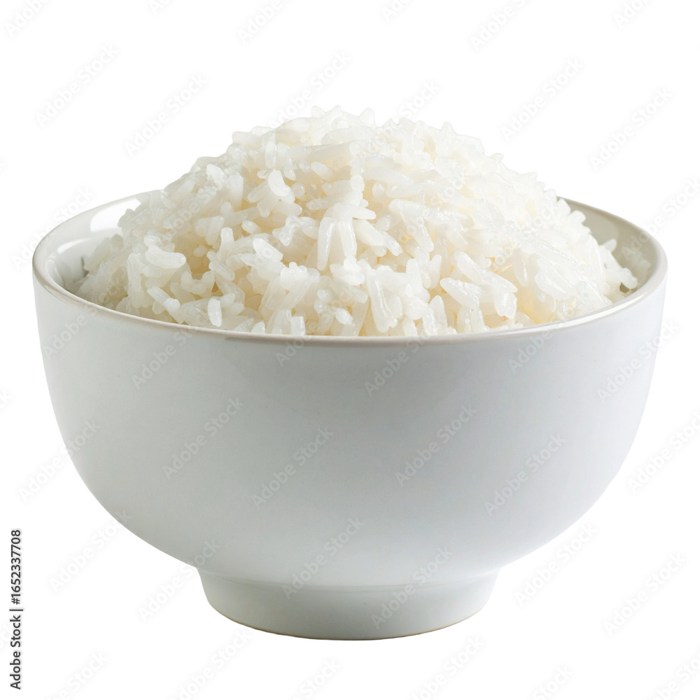 Close-up of boiled rice in white bowl on isolated transparent background. Close-up of boiled rice in white bowl on isolated transparent background.