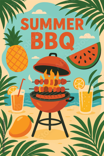 Beachside summer BBQ illustration with grill, tropical fruits, and chilled drinks—ideal for seasonal campaigns, holiday ads, and outdoor lifestyle or leisure-themed visuals.