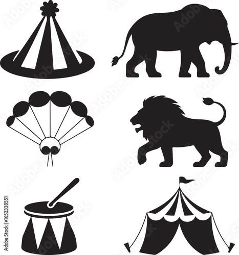 Circus Silhouette Icons Elephant Lion Tent Drum and Fan big top