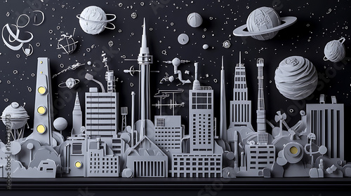 Concept of a Futuristic Urban Skyline A Stylized Monochromatic Cityscape with Celestial Elements, Crafted from Intricate Paper Cutouts Representing Architectural Innovation and Cosmic Harmony.