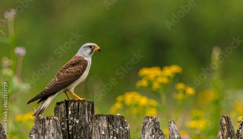 A raptorial bird perches gracefully on a weathered fence post, amidst a backdrop of vibrant wildflowers and soft green foliage.