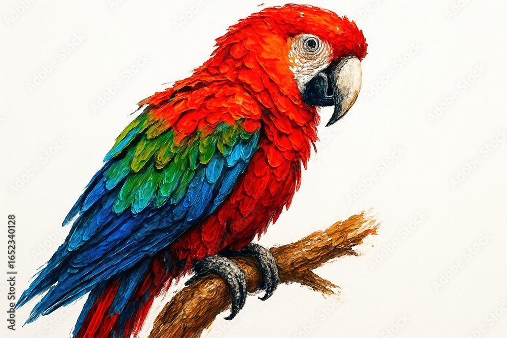 Obraz premium A vivid advertisement-style image of an animal painting featuring a colorful parrot perched on a branch, with bright red, green, and blue tones