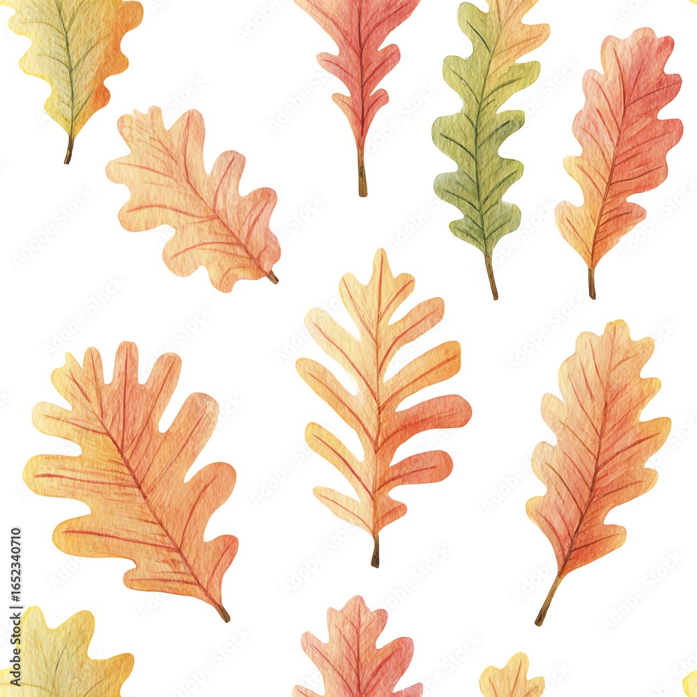 Fototapeta premium Watercolor Oak Leaves A vibrant autumnal pattern featuring scattered, colorful oak leaves on a white background.