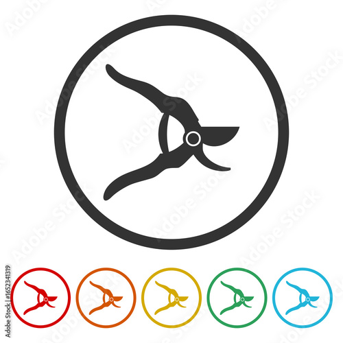 Pruning shears icon. Set icons in color circle buttons