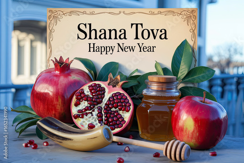 Rosh Hashanah table with pomegranates, honey, apples, and sign