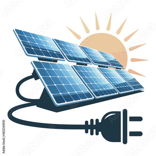 Solar Panel Array with Sun and Power Plug, Renewable Energy Connection Icon, Isolated Vector