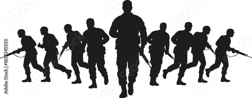 Silhouette of Armed Soldiers in Formation, Military Teamwork, War Preparation, Tactical Unit Marching, Flat Vector Illustration for Defense Concept