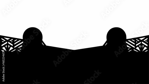 Silhouette of two spheres atop structures with decorative lattice under a white background spanning across